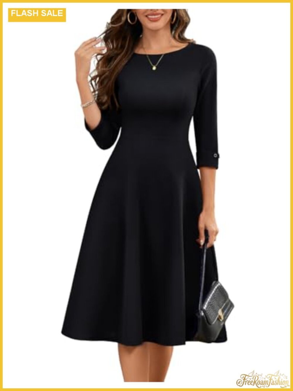 Women's Fit and Flare Midi Dress - 3/4 Sleeve Modest Church Dress with Pockets